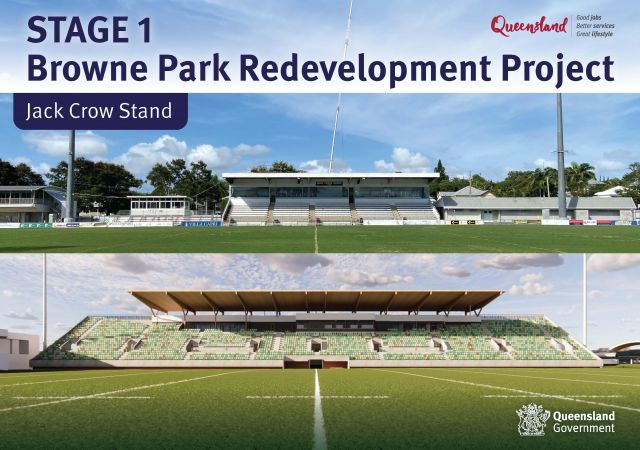 Browne Park image of the current grandstand and artist impression of the new grandstand