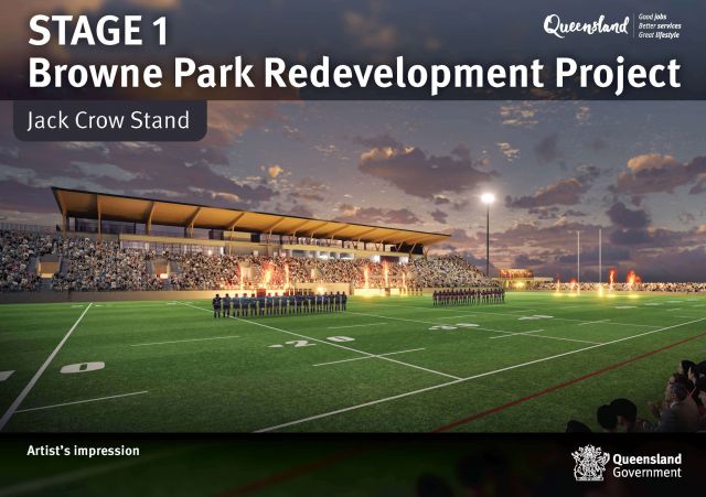 Browne Park artist impression of a grandstand and football field with players