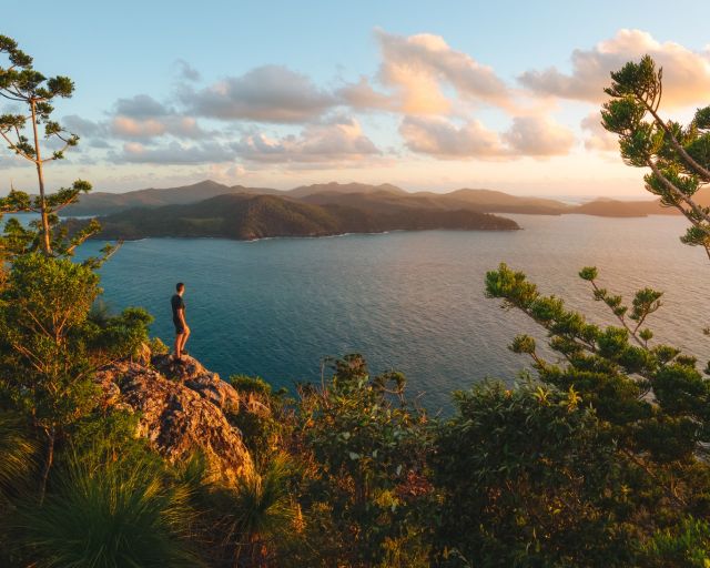 Person standing on rock overlooking Hamilton Island